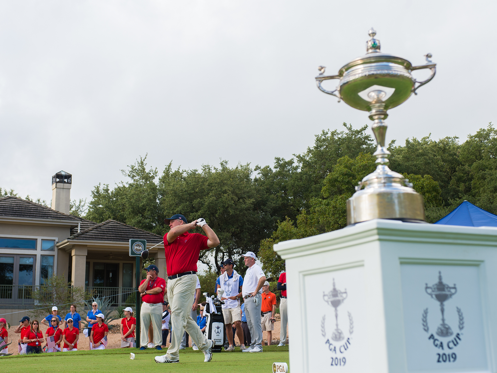 Bob Sowards of the United States hits his tee shot on the first hole during the Singles Matches for the 29th PGA Cup.