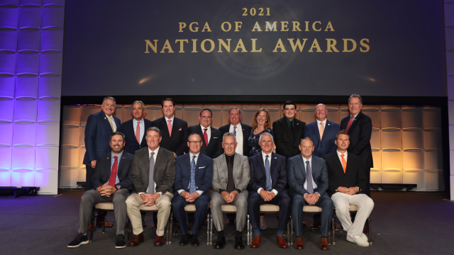 PGA of America Secretary, Don Rea, PGA of America Chief Executive Officer, Seth Waugh, Ian Brown, PGA, Brian Demarco, PGA, PGA of America President, Jim Richerson, Caroline Basarab, PGA, Jackson Beckwith, PGA, Brian Tolnar, PGA and PGA of America Vice President, John Lindert (Front Row) Thomas Yost, PGA, Joe Grohman, PGA, Joe Assall, PGA, Jamie Mulligan, PGA Tom Wildenhaus, PGA, Dr. Rich Ballinger, PGA and Andrew Miller, PGA pose for a photo during the 106th PGA Annual Meeting at JW Marriott Phoenix Desert Ridge Resort & Spa on Tuesday, November 1, 2022 in Phoenix, Arizona. (Photo by Sam Greenwood/PGA of America)