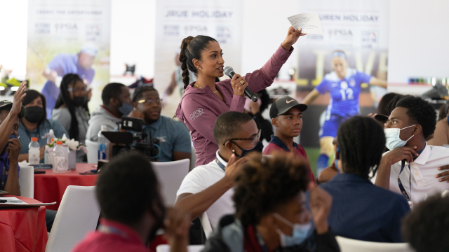 Attendees ask questions during the PGA Works Beyond the Green for the 2020 Ryder Cup.