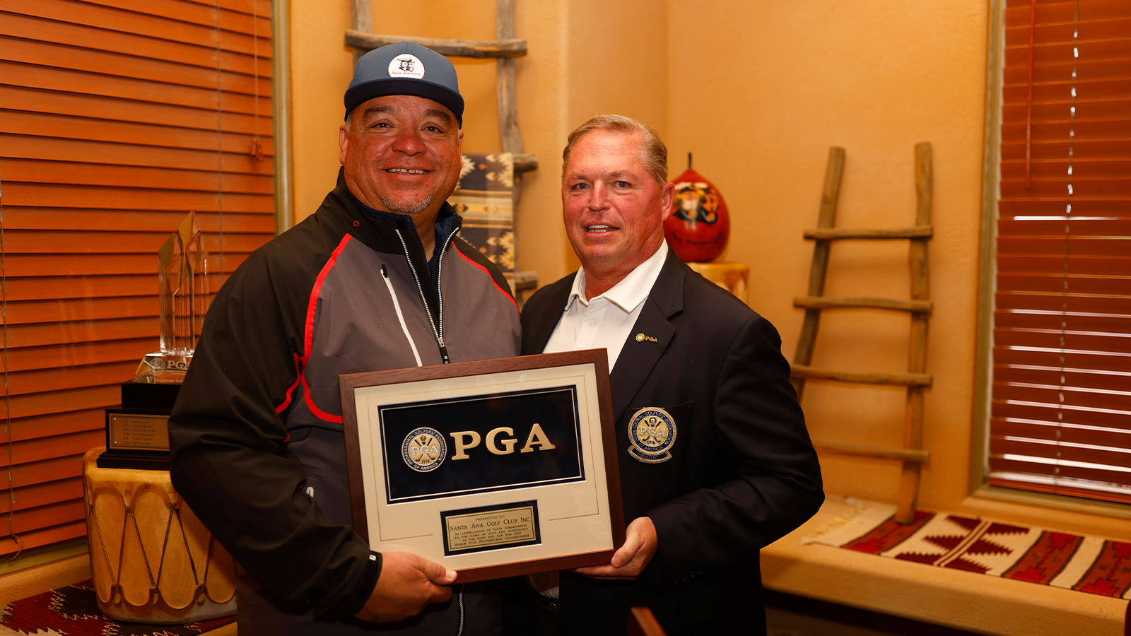 Derek Gutierrez, PGA, and PGA of America President Jim Richerson pose for a photo during the final round of the 34th Senior PGA Professional Championship at Twin Warriors Golf Club on October 16, 2022 in Santa Ana Pueblo, New Mexico. (Photo by Justin Edmonds/PGA of America)