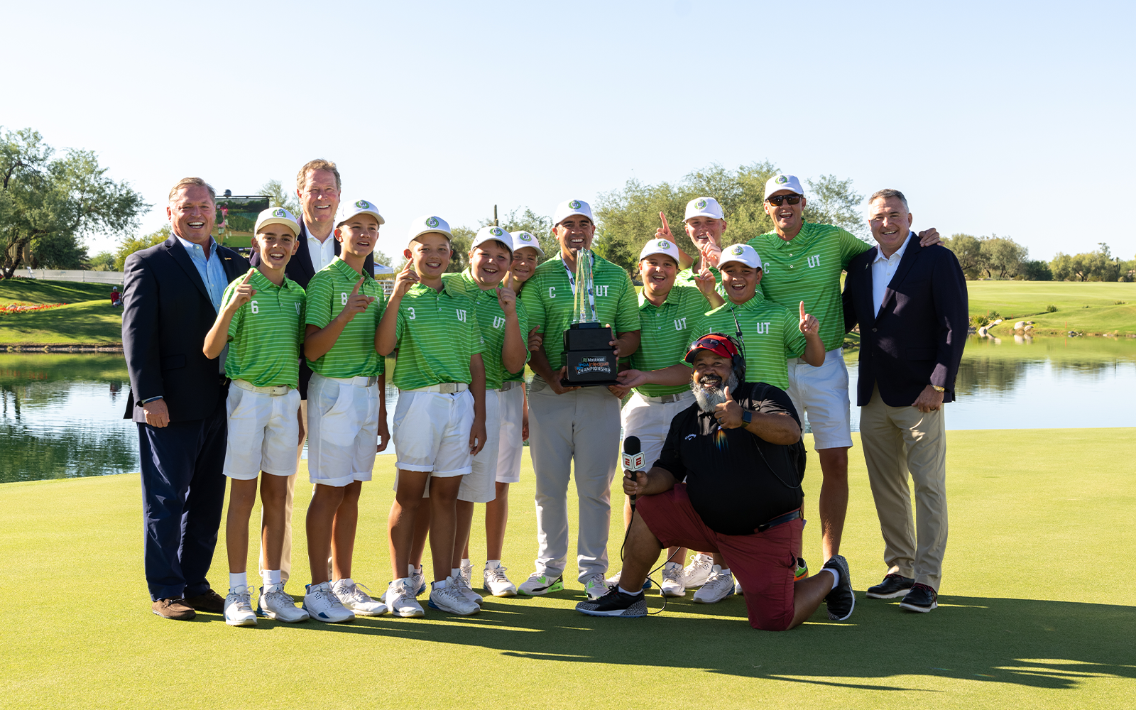 PGA of America President, Jim Richerson, PGA of America Vice President, John Lindert, Team Utah, Michael Collins and PGA of America Secretary, Don Rea Jr. poses for a photo after winning the 2021 National Car Rental PGA Jr. League Championship at Grayhawk Golf Club on October 10, 2021 in Scottsdale, AZ. (Photo by Darren Carroll/PGA of America)