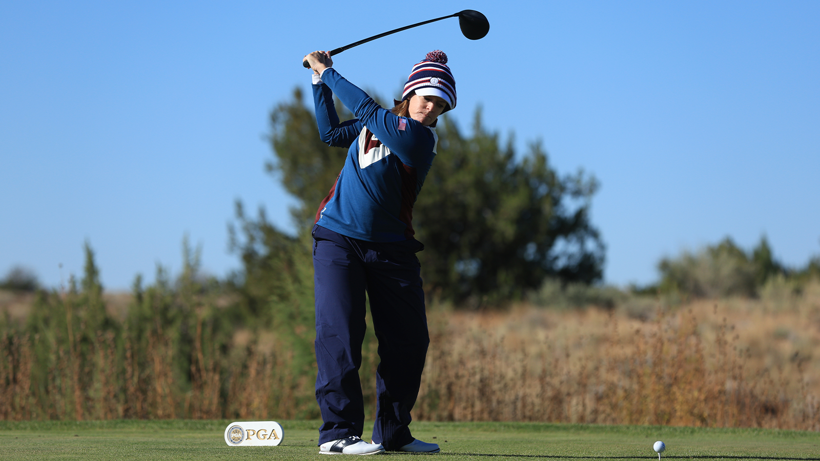 Stephanie Connelly-Eiswerth of the U.S. Team hits her tee shot on the first hole during the first round of the 2nd Women’s PGA Cup at Twin Warriors Golf Club on Thursday, October 27, 2022 in Santa Ana Pueblo, New Mexico. (Photo by Sam Greenwood/PGA of America)