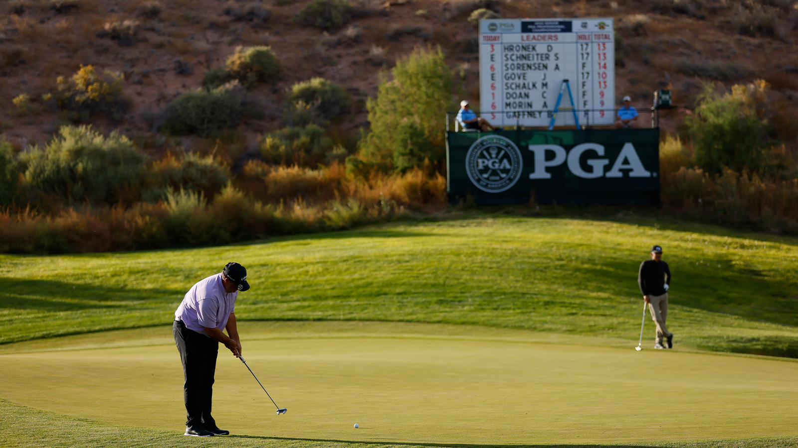 David Hronek putts on the 18th hole during the third round of the 34th Senior PGA Professional Championship at Twin Warriors Golf Club on October 15, 2022 in Santa Ana Pueblo, New Mexico. (Photo by Justin Edmonds/PGA of America)
