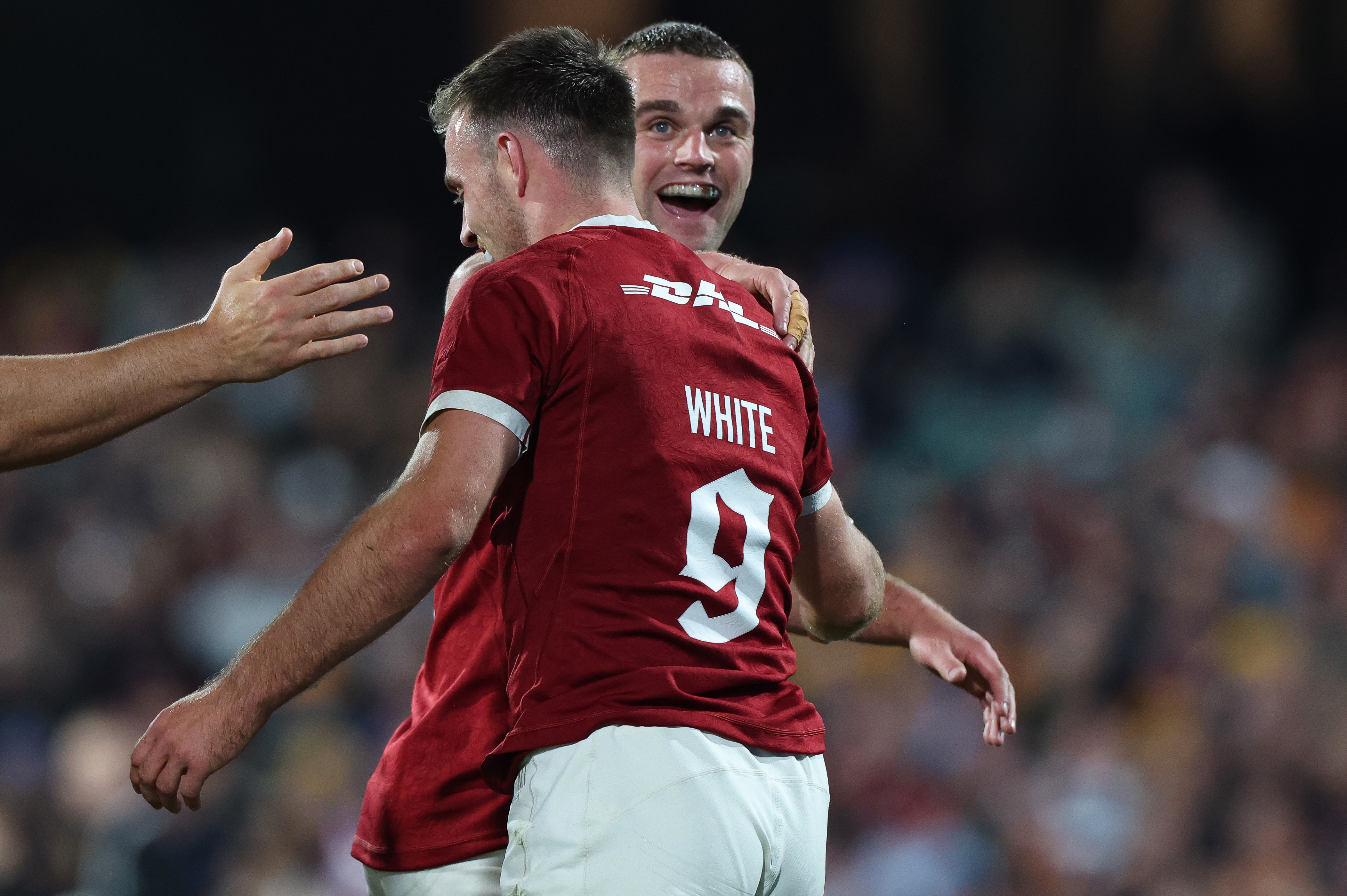 Ben White celebrates his try with Ben Earl