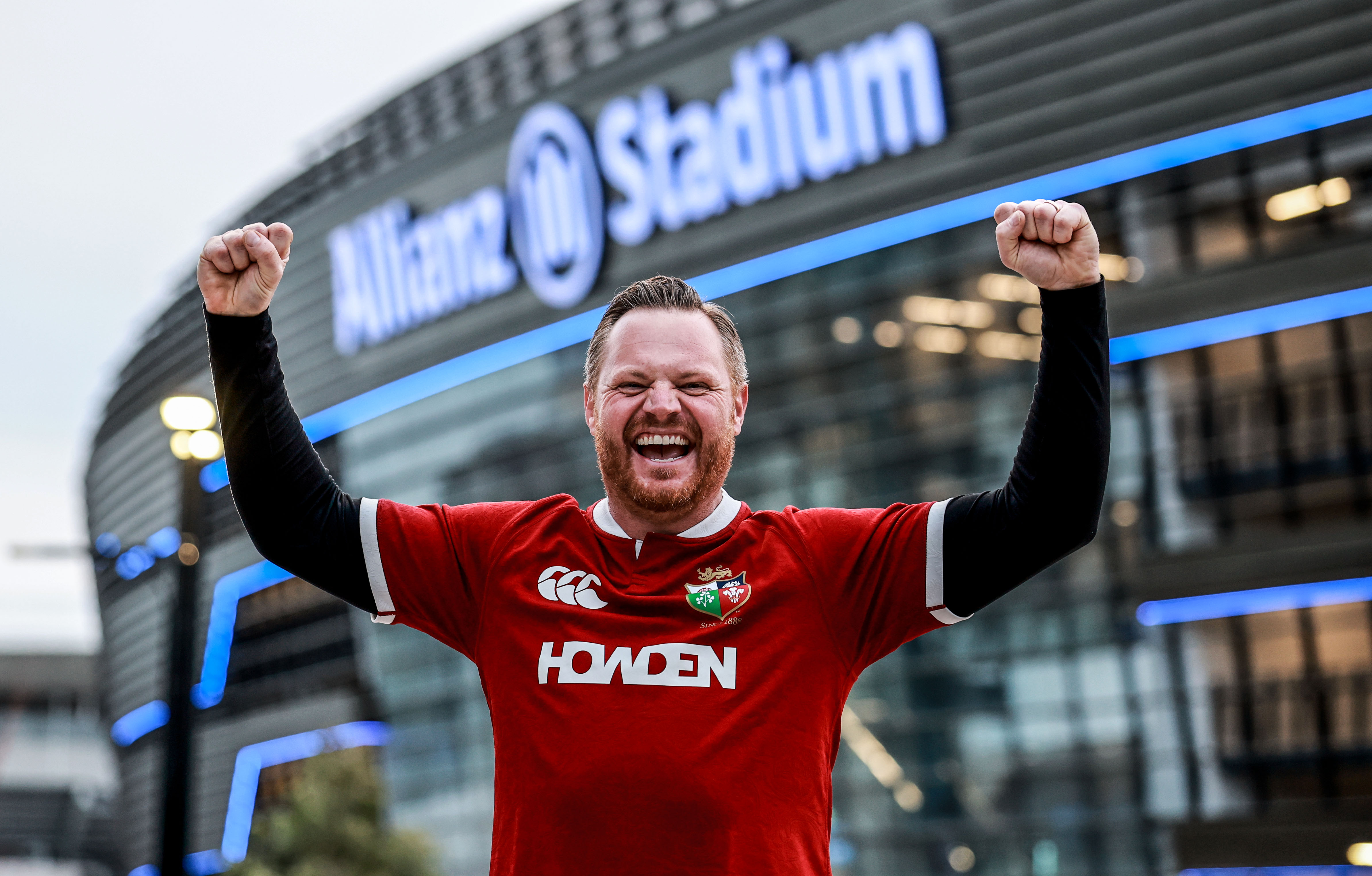 A Lions fan outside the stadium