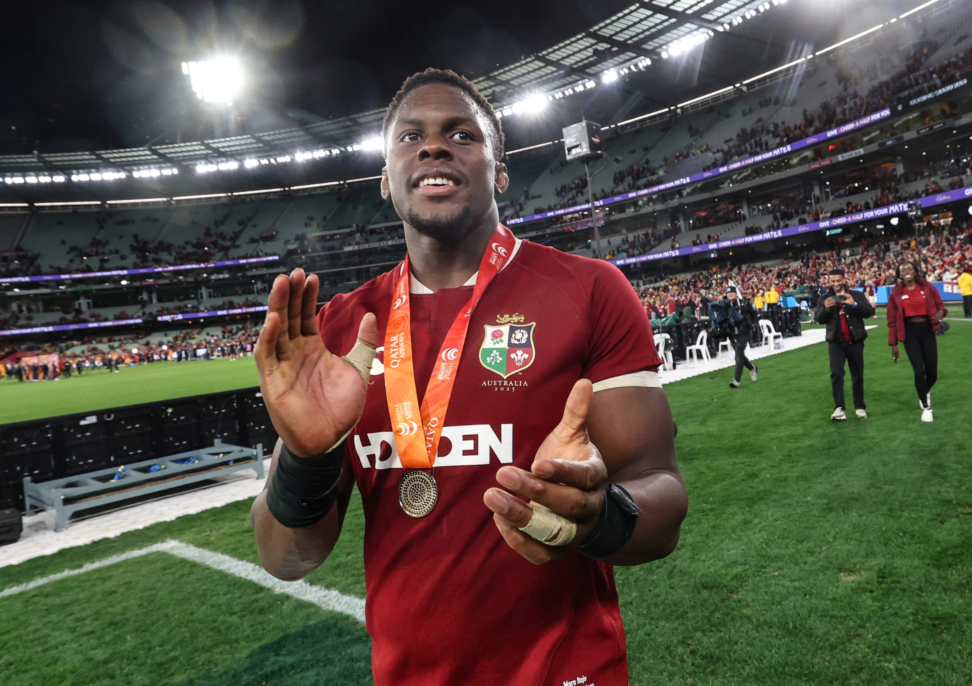 Maro Itoje on the Lions lap of honour at the MCG