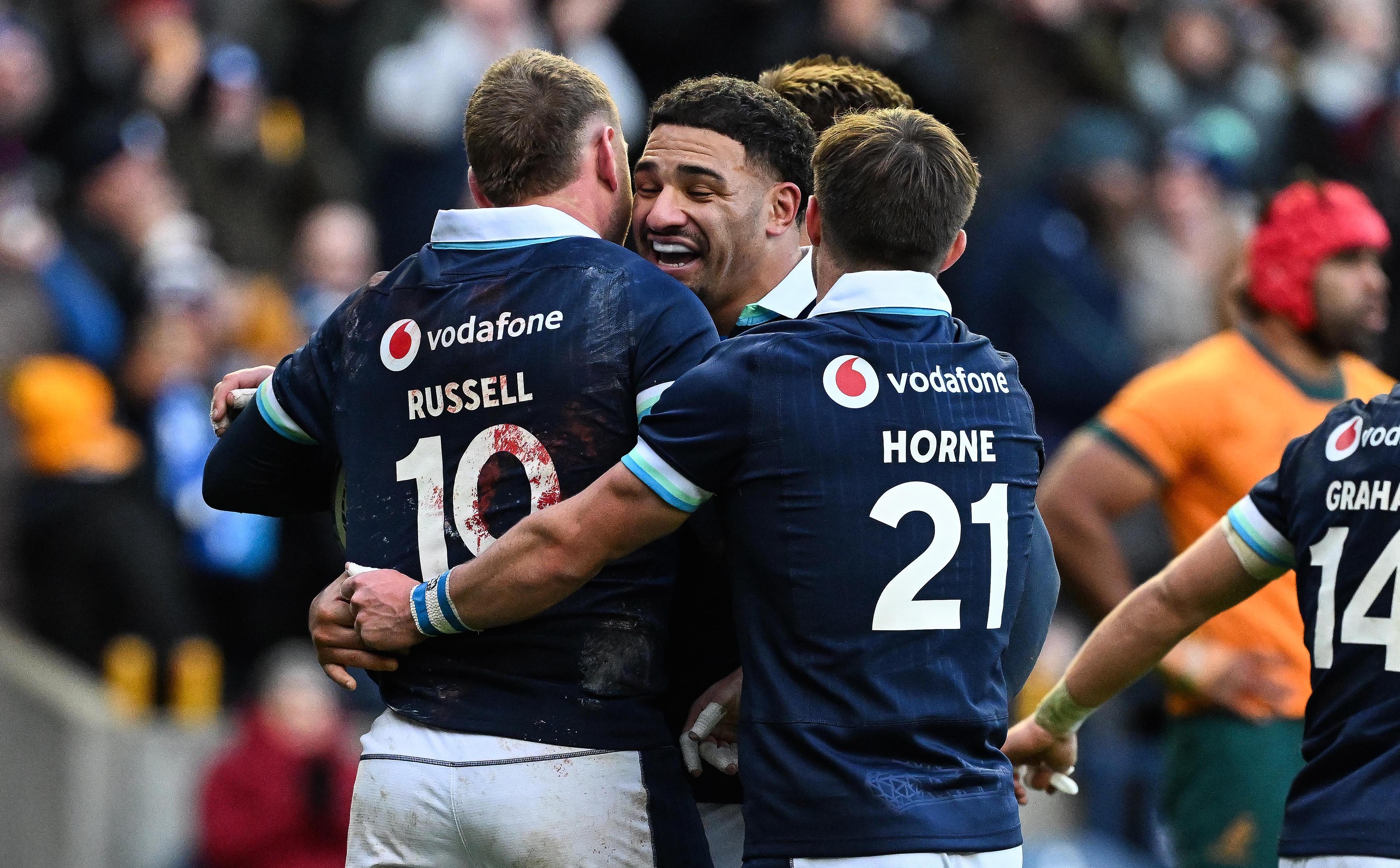 Scotland celebrate a try against Australia