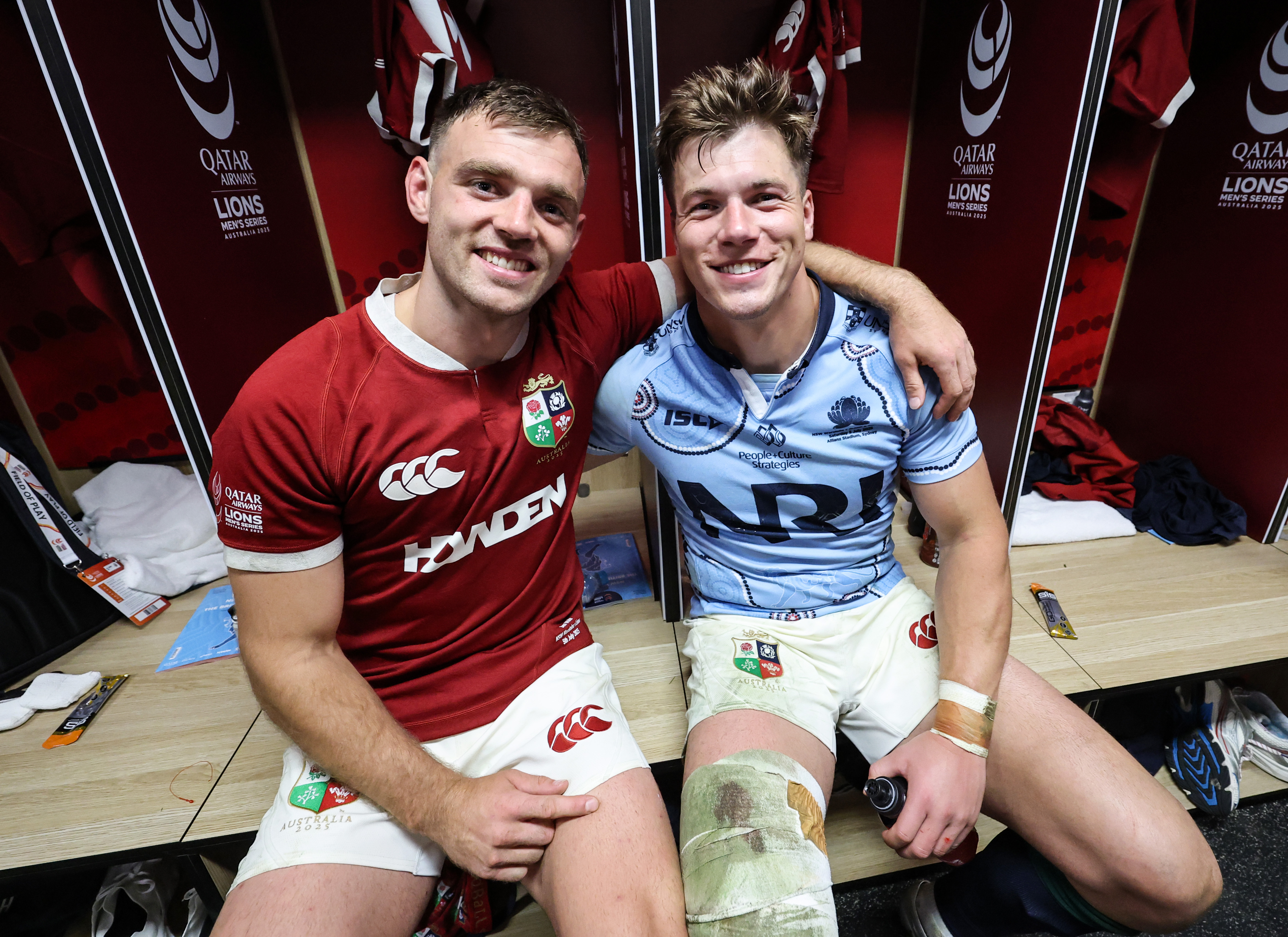 Lions debutant Ben White with Huw Jones in the changing rooms