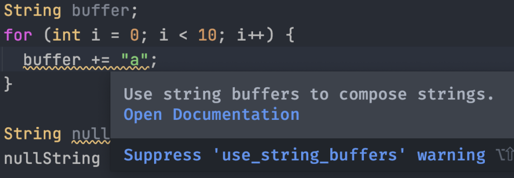 Linter shows a warning if you could use a StringBuffer