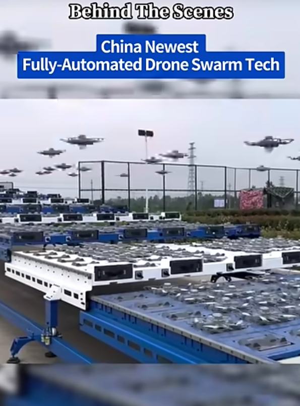 Rapid deployment of hundreds of drones from a single container has significant military implications and is being developed by a Chinese company. A 20-foot container can hold 648 drones that are automatically charged and ready for action.