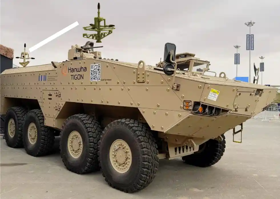 Hanwha’s TIGON 8x8 AFV has been put on display with ASELSAN’s SEDA 100 acoustic gunshot detection system at the World Defence Show (WDS) 2026 exhibition.