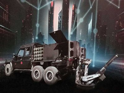 A platform based on a Toyota jeep converted from 4X4 to 6X6, with a 120mm mortar combat unit and a 40mm rocket launcher was presented at an exhibition in London.