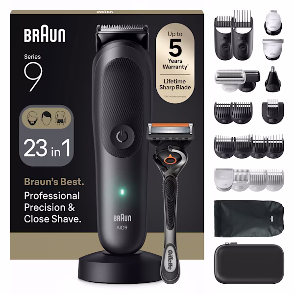 Zestaw do pielęgnacji Braun series 9 23 w 1 z głównym trymerem, maszynką i wieloma nasadkami. Zestaw do pielęgnacji Braun series 9 23 w 1 z głównym trymerem, maszynką i wieloma nasadkami.