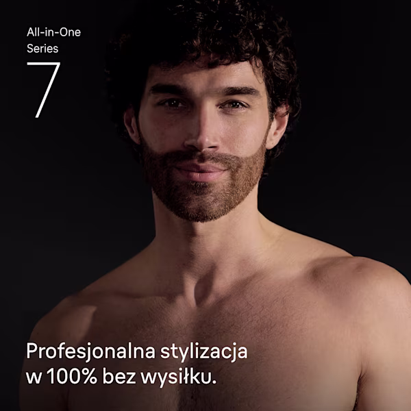 Młody mężczyzna bez koszuli, z brodą, po użyciu wielofunkcyjnego zestawu trymera Braun Series 7 Młody mężczyzna bez koszuli, z brodą, po użyciu wielofunkcyjnego zestawu trymera Braun Series 7