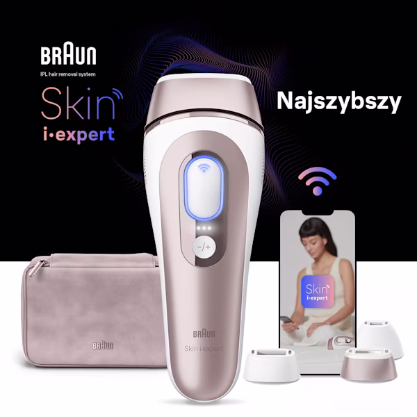 Na środku urządzenie IPL, za nim beżowa kosmetyczka, urządzenie mobilne z aplikacją Skin i·expert i trzy nasadki Na środku urządzenie IPL, za nim beżowa kosmetyczka, urządzenie mobilne z aplikacją Skin i·expert i trzy nasadki