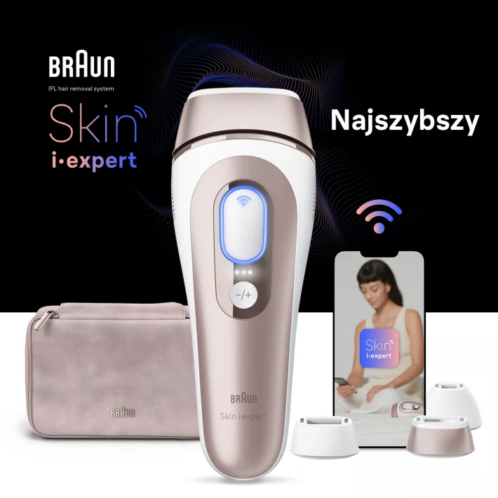 Na środku urządzenie IPL, za nim beżowa kosmetyczka, urządzenie mobilne z aplikacją Skin i·expert i trzy nasadki