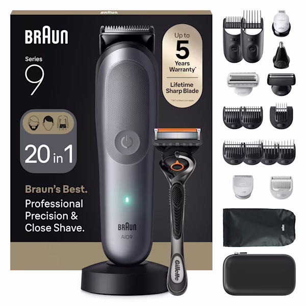 Braun series 9 — elektryczny trymer i golarka 20 w 1 z wieloma nasadkami i maszynką Gillette. Braun series 9 — elektryczny trymer i golarka 20 w 1 z wieloma nasadkami i maszynką Gillette.