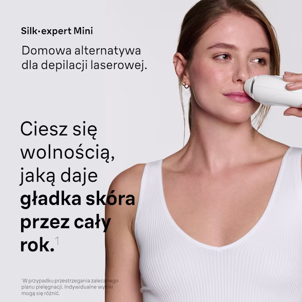 Zdjęcie przedstawiające kobietę używającą depilatora Braun Silk·expert Mini na górnej wardze. Zdjęcie przedstawiające kobietę używającą depilatora Braun Silk·expert Mini na górnej wardze.