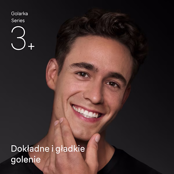 Dokładne golenie golarką Braun Series 3+, uśmiechnięty mężczyzna dotyka gładkiej skóry po goleniu. Dokładne golenie golarką Braun Series 3+, uśmiechnięty mężczyzna dotyka gładkiej skóry po goleniu.