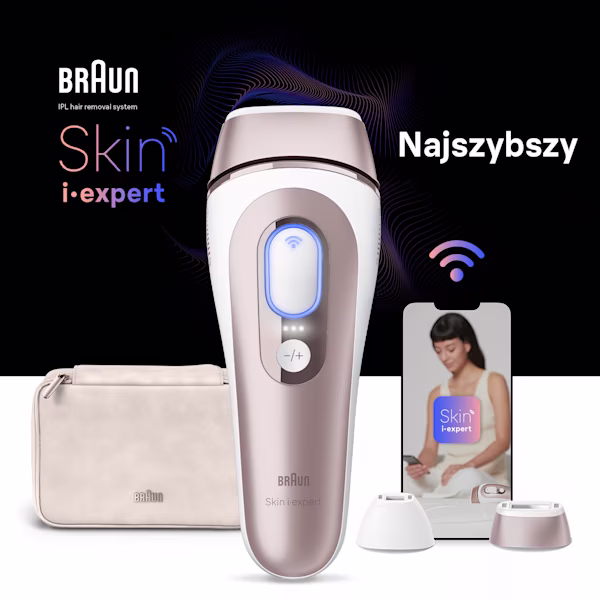 Na środku urządzenie IPL, za nim kosmetyczka, urządzenie mobilne z aplikacją Skin-i-Expert i dwie nasadki Na środku urządzenie IPL, za nim kosmetyczka, urządzenie mobilne z aplikacją Skin-i-Expert i dwie nasadki