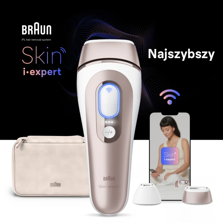 Na środku urządzenie IPL, za nim kosmetyczka, urządzenie mobilne z aplikacją Skin-i-Expert i dwie nasadki