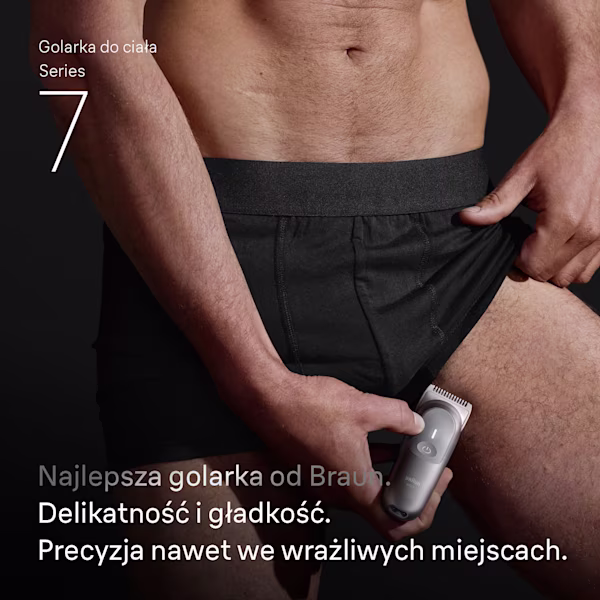 Zdjęcie z pachwiną mężczyzny używającego golarki do ciała Braun Series 7 na wewnętrznej stronie uda Zdjęcie z pachwiną mężczyzny używającego golarki do ciała Braun Series 7 na wewnętrznej stronie uda