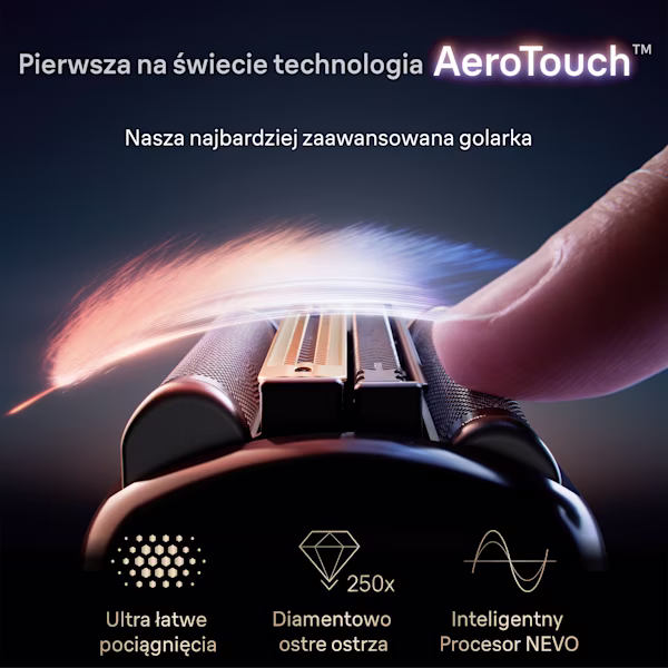 Palec dotykający głowicy golarki Braun NEVO prezentujący technologię AeroTouch i inne zalety. Palec dotykający głowicy golarki Braun NEVO prezentujący technologię AeroTouch i inne zalety.
