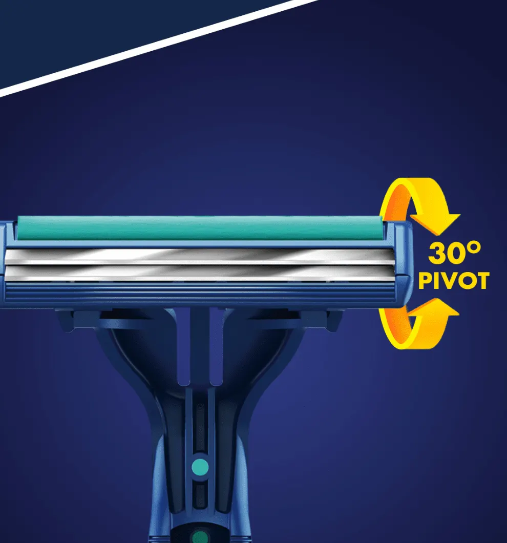 Το ξυράφι Gillette BlueII Plus Slalom διαθέτει μια κινούμενη κεφαλή 30° που προσαρμόζεται στις καμπύλες του προσώπου σας