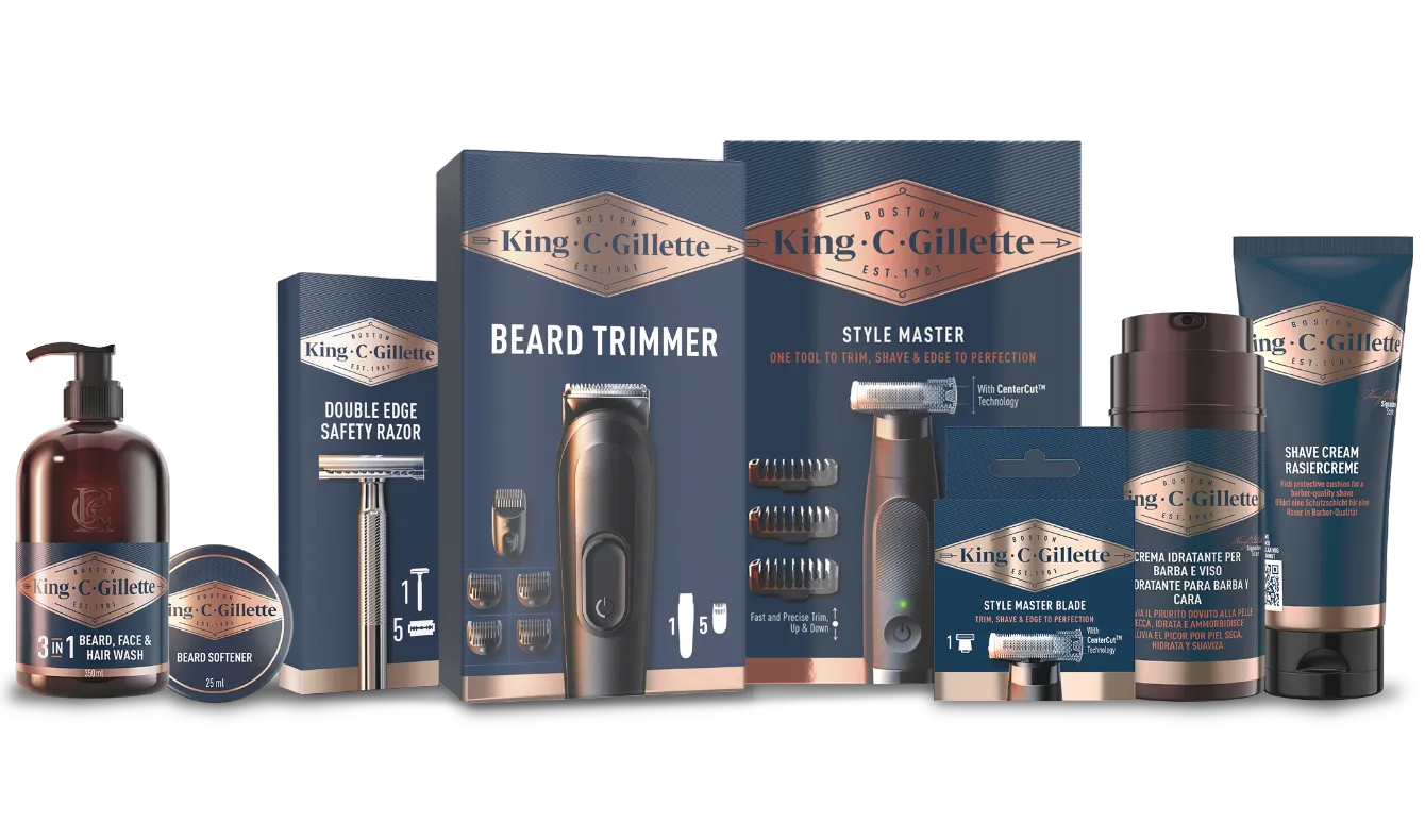 King C. Gillette cuidados com a barba: gel limpeza, bálsamo, navalha, aparador, Style Master, hidratante, óleo.