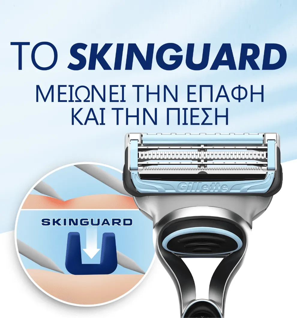 Τα ευαίσθητα ανδρικά ξυραφάκια Gillette Skinguard διαθέτουν τεχνολογία Skinguard που ελαχιστοποιεί την επαφή μεταξύ λεπίδων και δέρματος σπρώχνοντας το δέρμα μεταξύ των λεπίδων προς τα κάτω