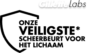 GilletteLabs schild‑icoon met de tekst: “Onze veiligste scheerbeurt voor het lichaam, in zwart‑wit
