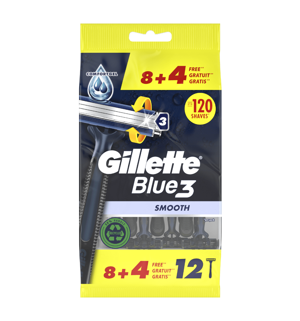 Ανδρικά ξυραφάκια μιας χρήσης Gillette Blue3 Smooth με 4 λαβές και συσκευασία 8 φυσιγγίων