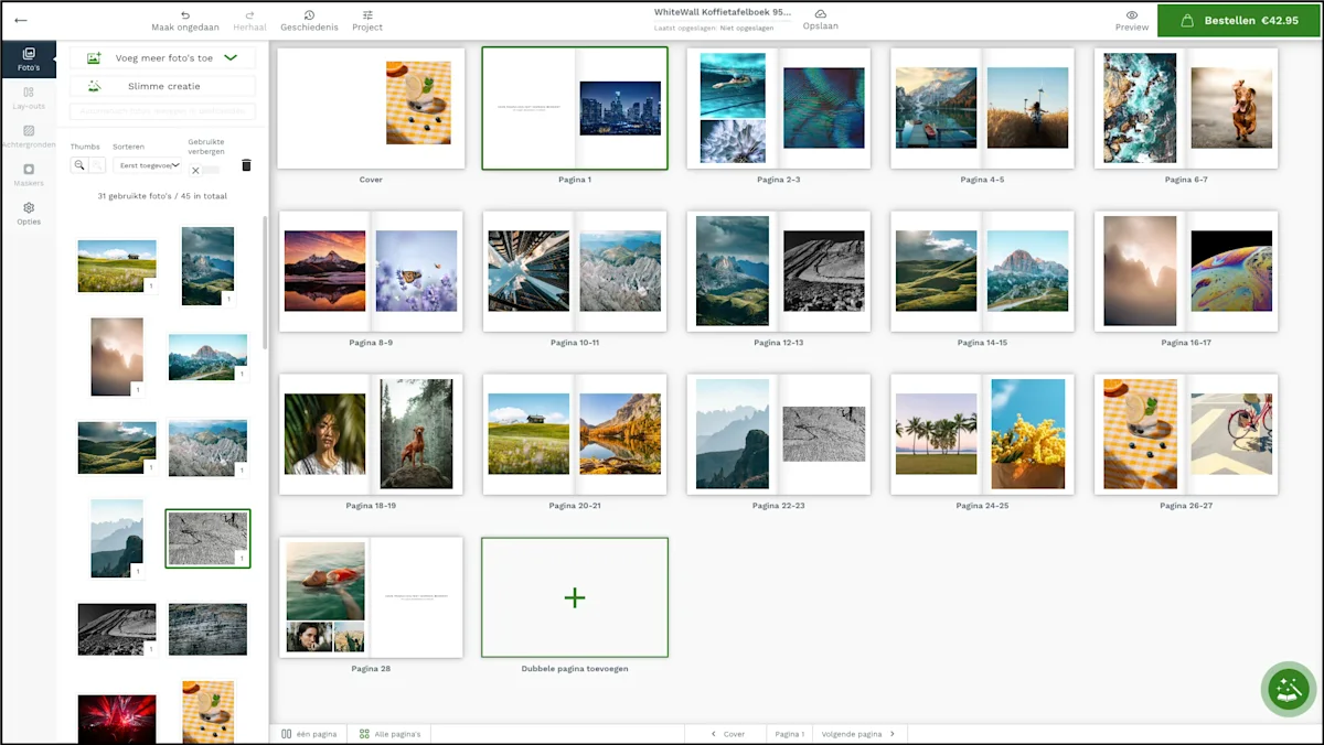 WhiteWall-salontafelboekeditor met gebruikersinterface met fotolay-outs van natuur- en portretbeelden.