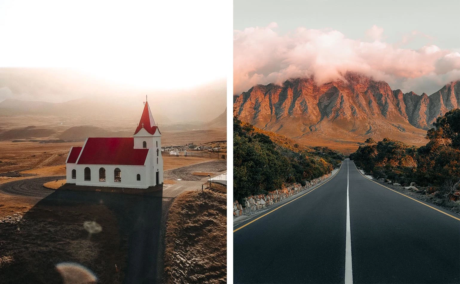 Aerial view of a church (left) and a road with mountains in the background - Photos: piaeliza.