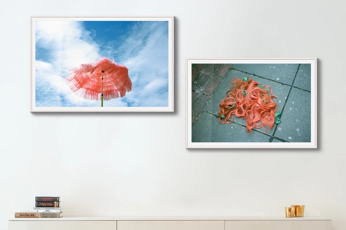 composition of two pictures with pink plastic umbrella in front of blue cloudy sky and pink wig on the ground.