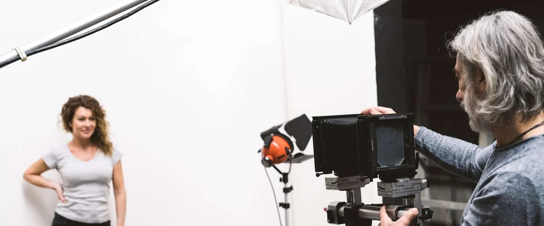 A photographer with a camera on a tripod in front of a model in a photo studio.