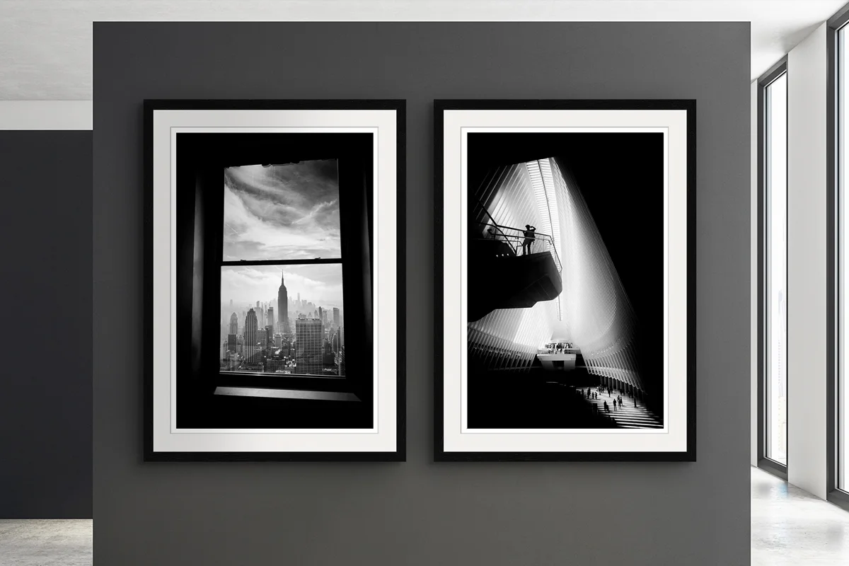 two black & white photos of architecture with strong contrasts, skyline new york.