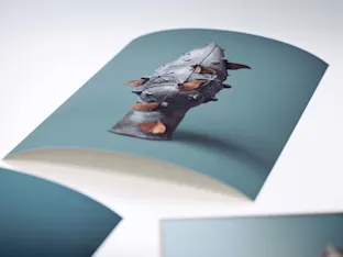 Die Fotografie zeigt einen ungerahmten Fine Art Print, der leicht gewölbt auf einer hellen Oberfläche liegt. Auf dem matten Papier ist das Motiv eines verzierten Bronzeobjekts mit braunen Faltern vor einem blaugrünen Hintergrund aus einer schrägen Perspektive zu sehen. Im Vorder- und Hintergrund sind Anschnitte weiterer Drucke angedeutet, während der Fokus scharf auf dem zentralen Print liegt. Die Aufnahme hebt die hochwertige Papierqualität und die Textur des Drucks hervor.