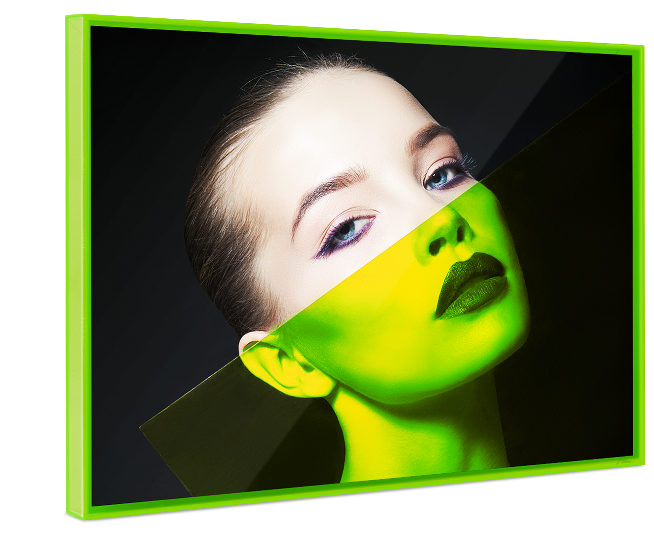 A portrait of a woman's face holding a green plastic disc diagonally in front of her face. The green of the plastic disc corresponds to the green of the Pop Art Frame.