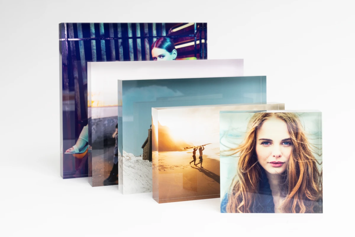 several acrylic photo block in different formats.