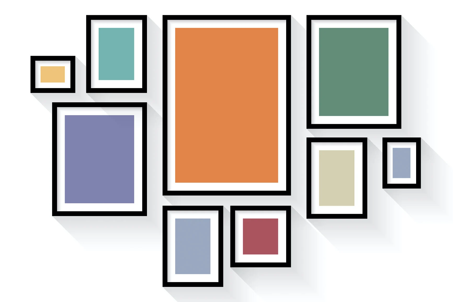 Parete con diverse cornici rettangolari di varie dimensioni e colori con ombreggiatura.