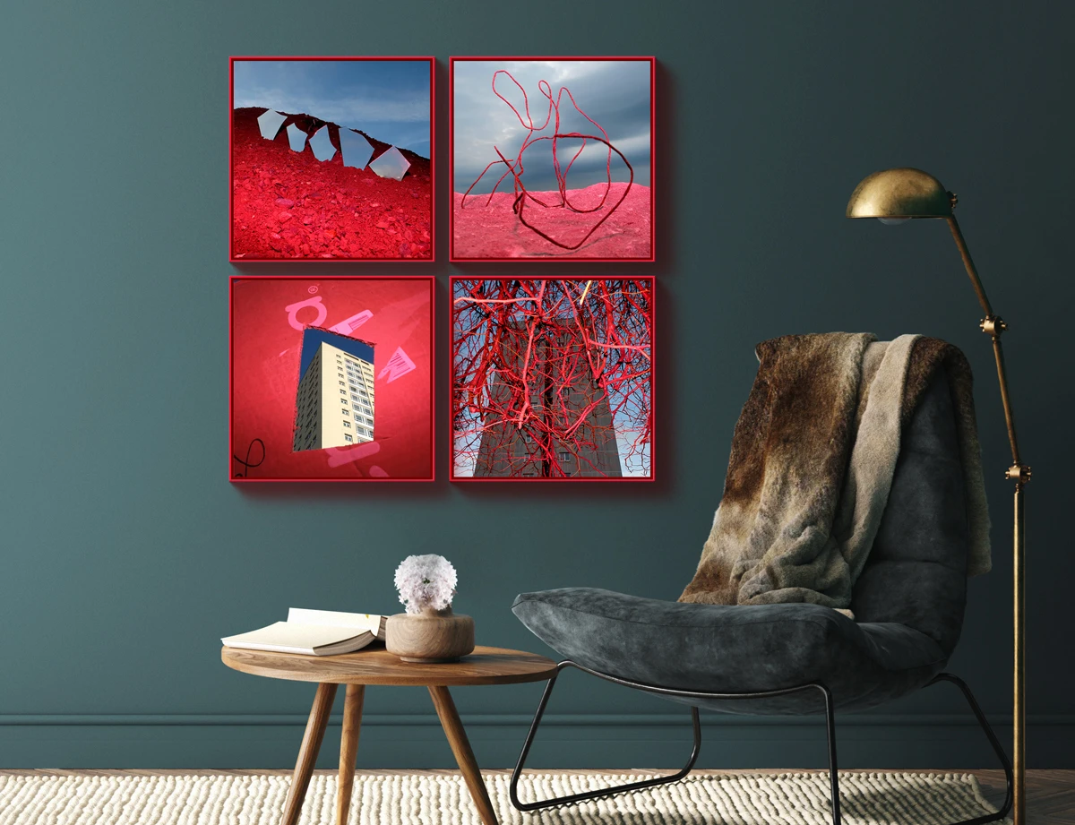 composition of four photos with red accents and neon red pop art frames.