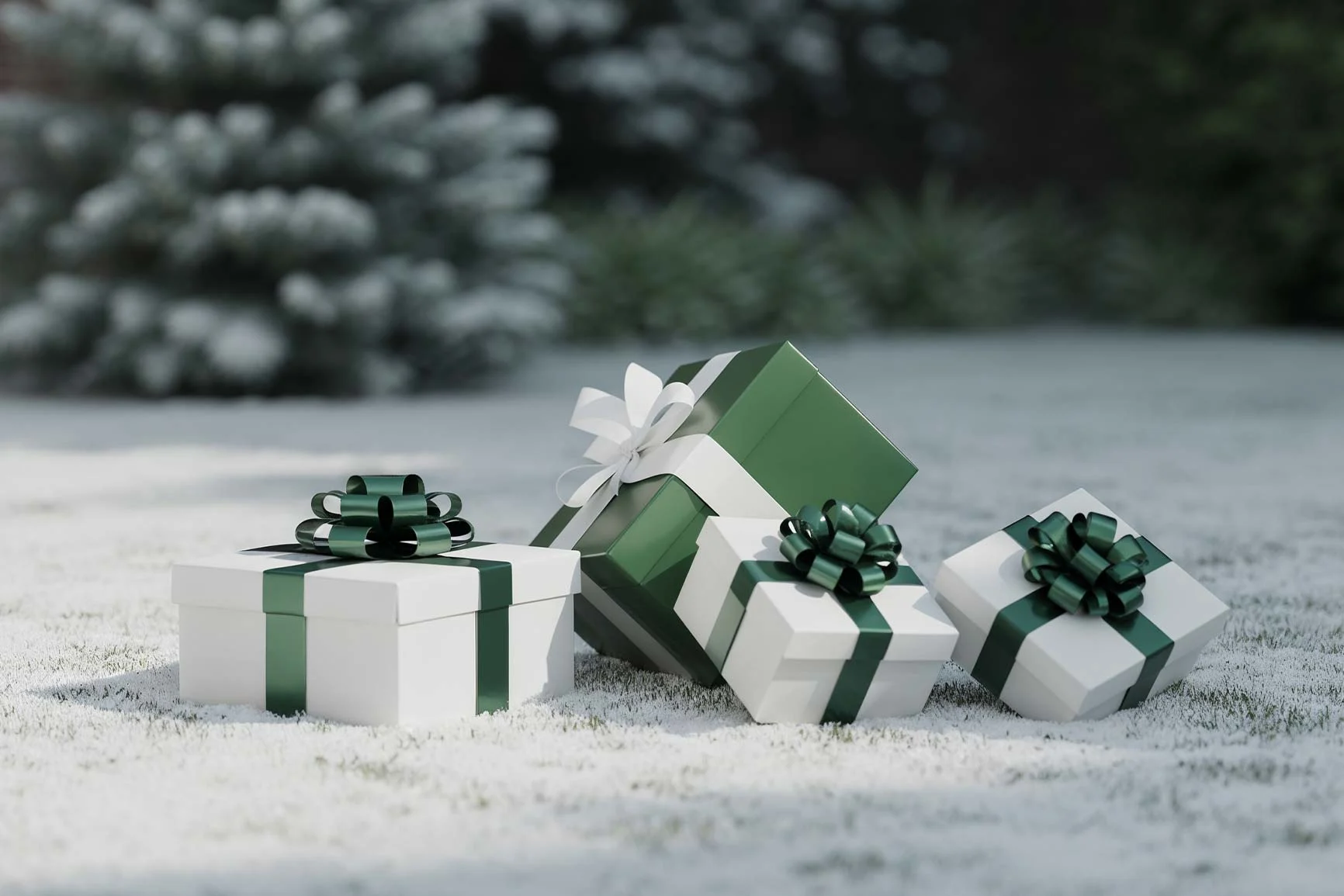Weiße Geschenkboxen mit dunkelgrünen Bändern und Schleifen im Schnee arrangiert, die eine festliche winterliche Urlaubsszene erzeugen.