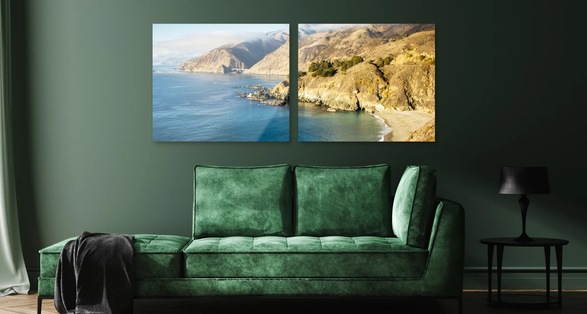 A rocky coastal landscape. The whole picture is divided into two parts that hang vertically on the wall. 