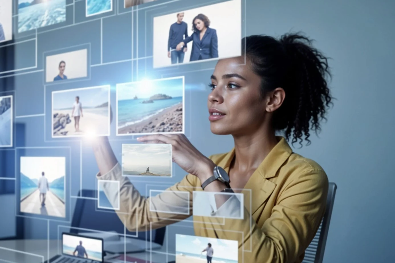 Frau in gelbem Blazer bedient virtuelle Bildschirme mit verschiedenen Foto-Vorschaubildern.