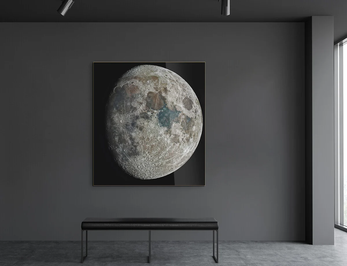 Astro moon photograph with black background, Fine Art pigment print behind acrylic glass framed in Slimline gold. 