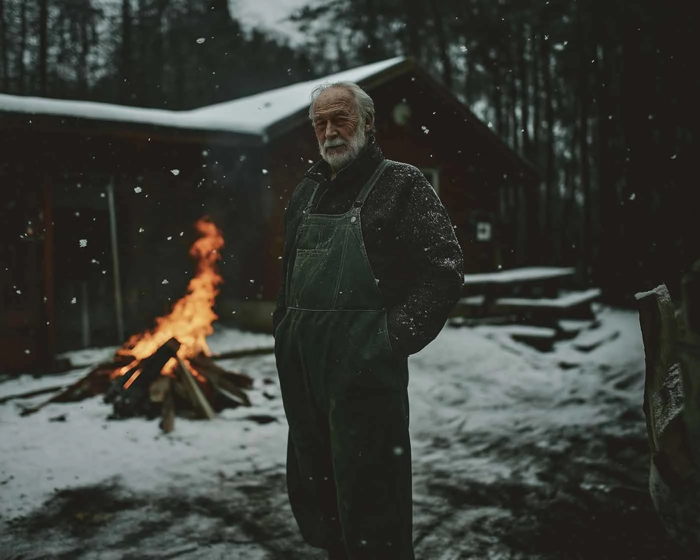 An older man with a gray beard stands in the snow in front of a burning campfire. He is wearing overalls and looking into the camera.