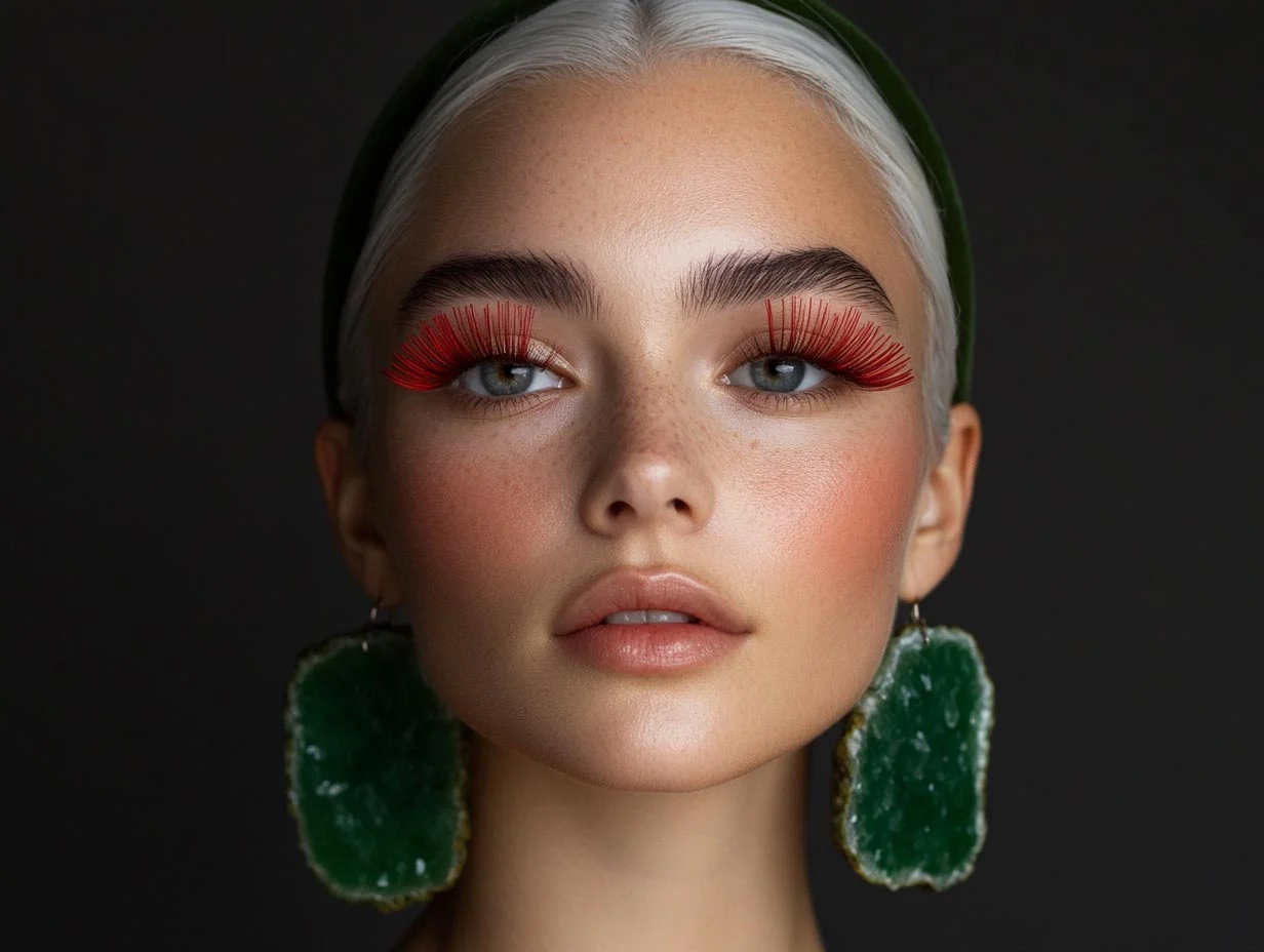 Woman with white hair and large green earrings in front of a black background.