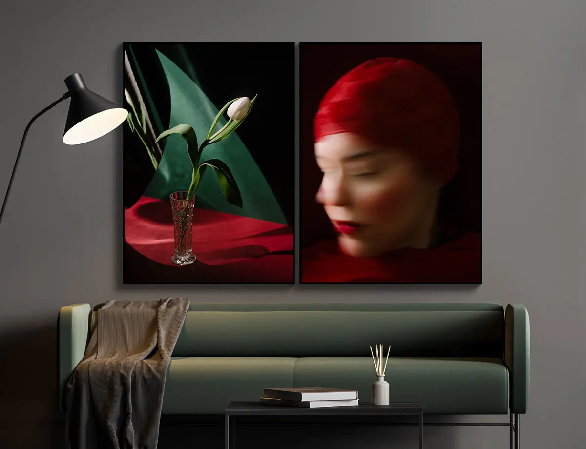 diptych photography of a flower in a vase and blurry face of a woman with red and green color accents.