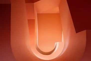 Abstract architecture with curved orange walls and light streaming through openings.